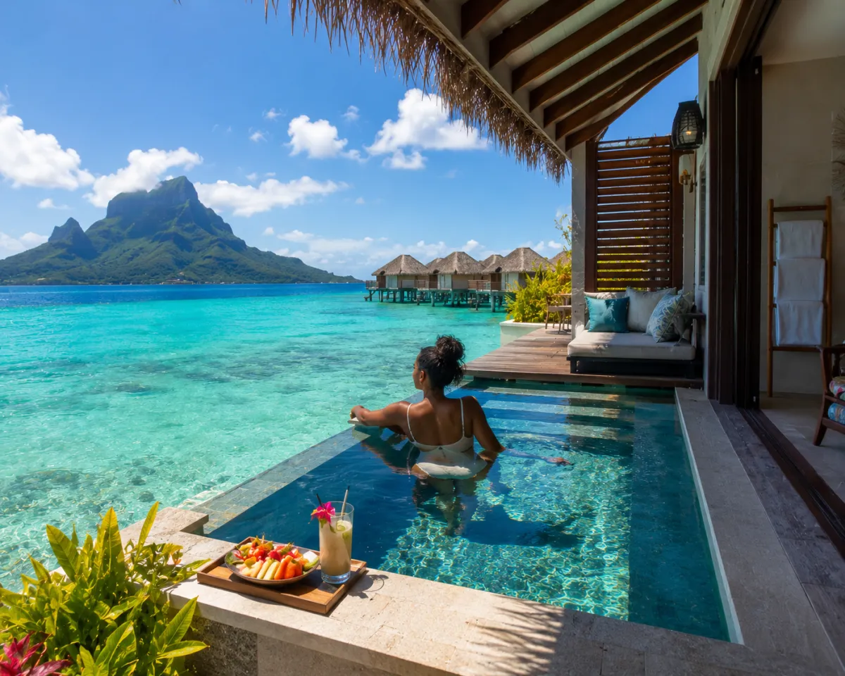 Overwater bungalow resort pool in Bora Bora