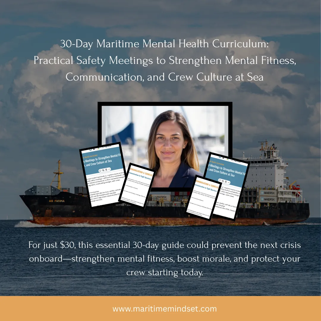 Maritime Mindset Membership" promotional image featuring a laptop with a smiling woman, maritime workers, and text about membership benefits.