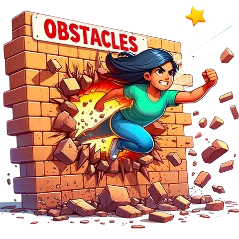 Femme déterminée traversant un mur de briques marqué obstacles, symbolisant le dépassement des blocages et la libération du potentiel