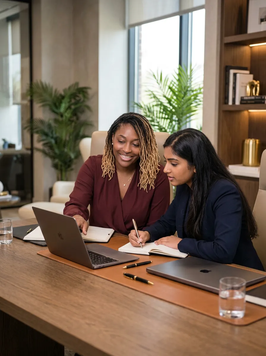 Refined executive workspace with desk lamp, notebook, and luxury watch