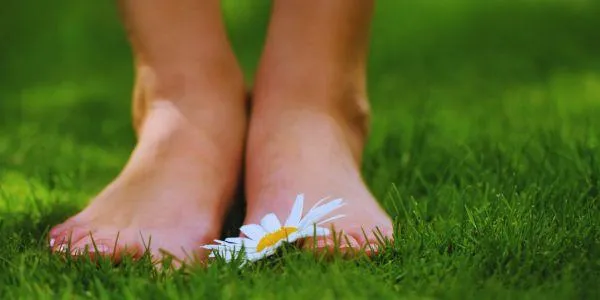 Feet on he grass earthing neutralizing the body's excess electricity