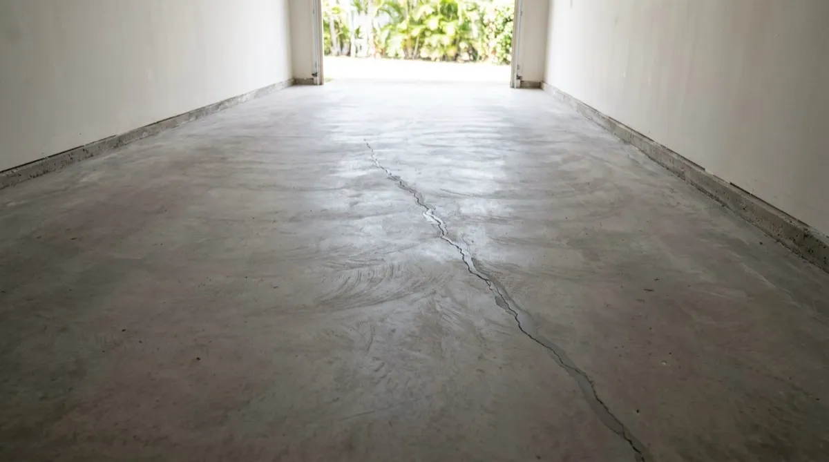 Filled and ground crack in a concrete garage floor before coating