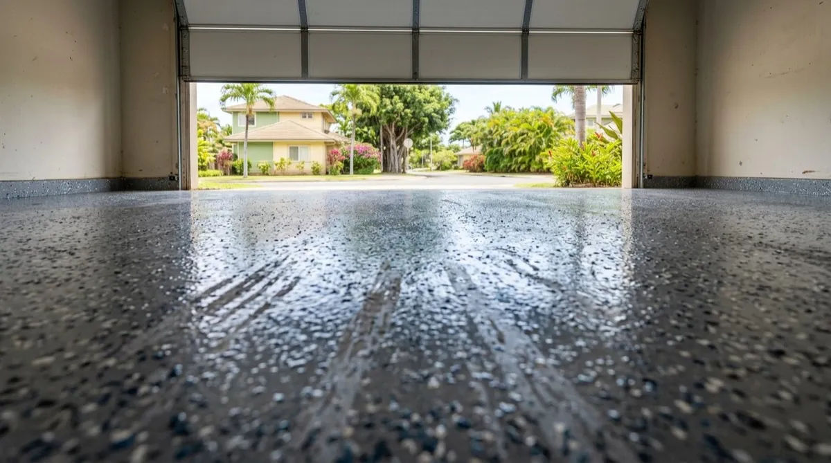Glossy coated garage floor with sunlight from the open garage door