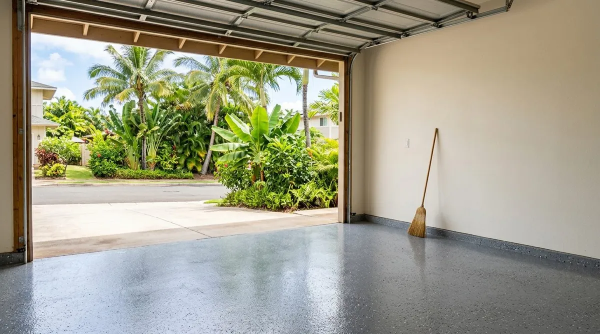 Glossy flake epoxy garage floor in a Honolulu home