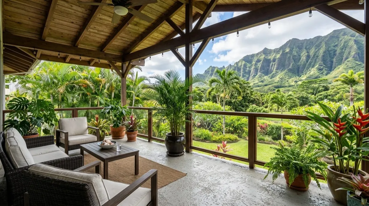 Covered lanai in Honolulu with a light gray textured floor coating