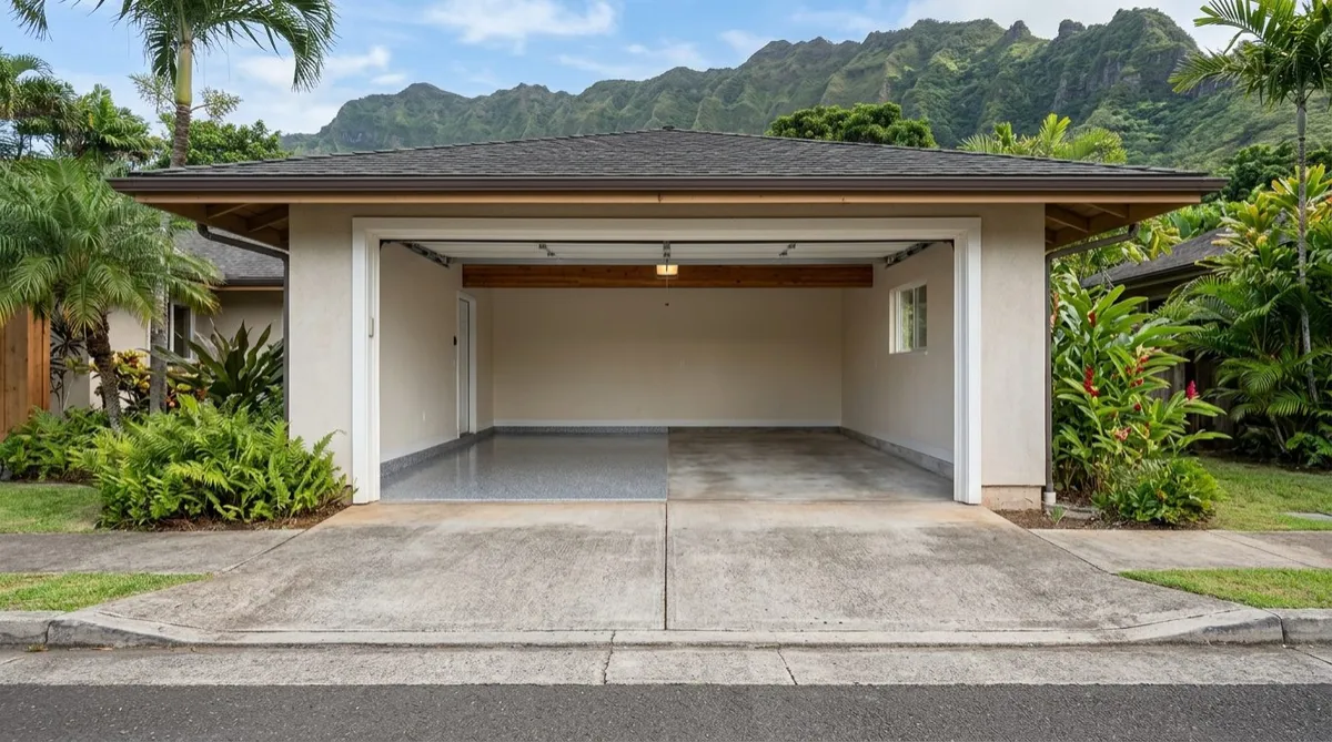 Bright Honolulu garage with a glossy light-gray epoxy floor