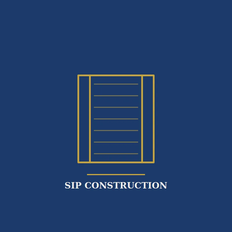 Gold cross-section icon of a SIP wall panel on navy background illustrating structural insulated panel construction