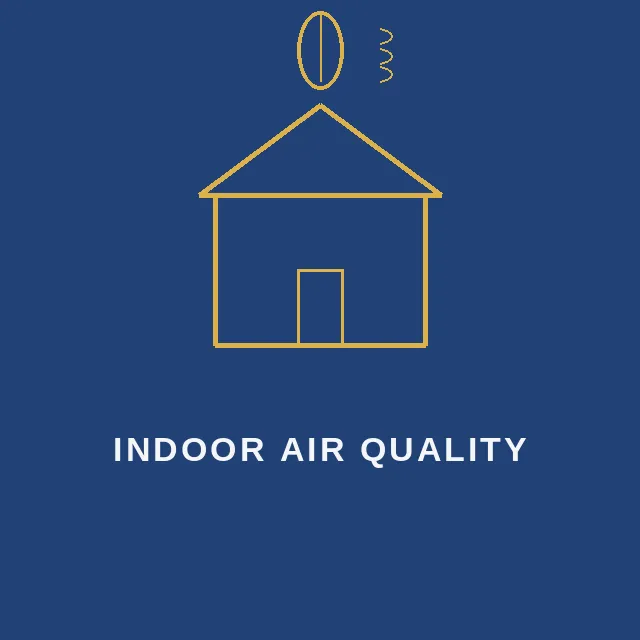 Navy and gold line-art icon of a house with a leaf, representing clean, low-VOC indoor air construction by Darling Homes by GoodFind.