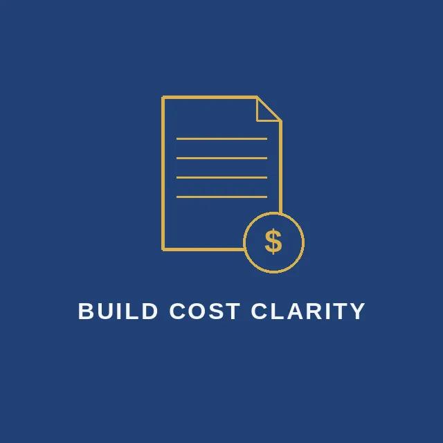 Navy and gold line-art icon of a document with a dollar-sign badge, representing build cost transparency by Darling Homes by GoodFind.