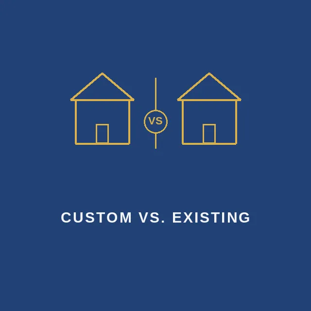 Navy and gold line-art icon of two houses divided by a "vs" symbol, representing the choice between custom building and existing new development.