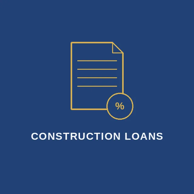 Navy and gold line-art icon of a document with a percentage badge, representing construction loan financing for Darling Homes by GoodFind.