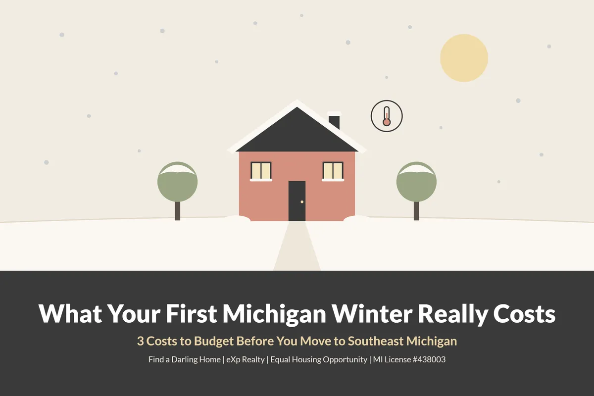Snow-covered Michigan ranch home at dusk next to the title What Your First Michigan Winter Really Costs, 3 costs to budget before you buy.
