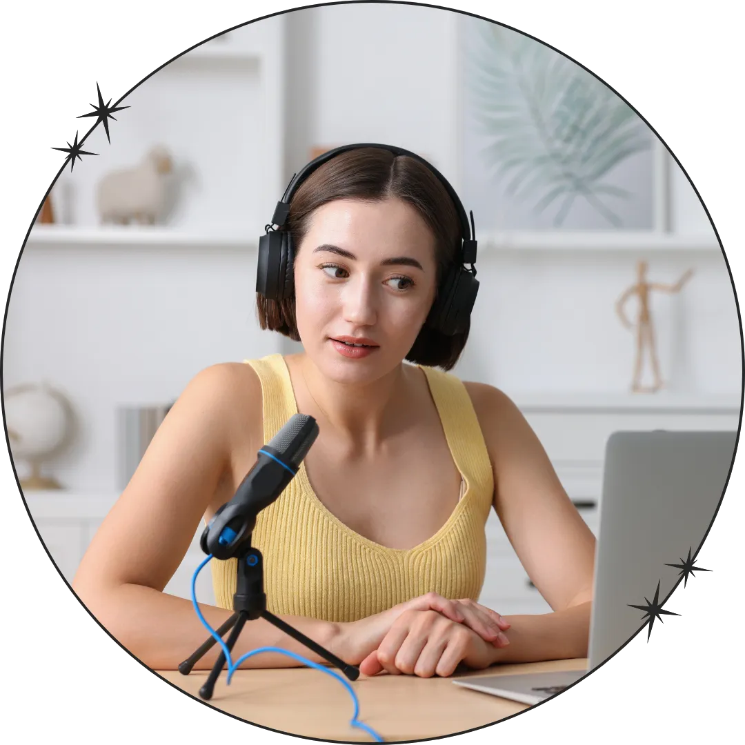Woman recording podcast episode with headphones and microphone