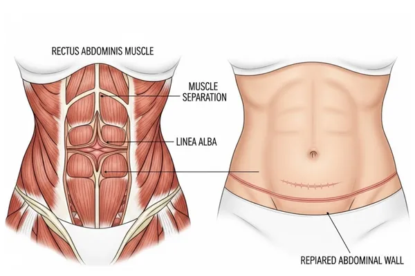 Anatomía de la diástasis de rectos y resultado de reparación abdominal postparto.