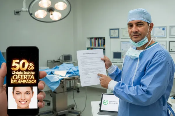 Dr. sujetando su titulo a lado una publicad de una oferta engañosa