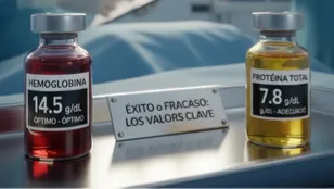 Frascos de laboratorio mostrando niveles óptimos de hemoglobina y proteína total para una cirugía segura
