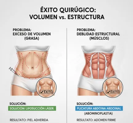 Comparación clínica de diástasis abdominal y grasa localizada.
