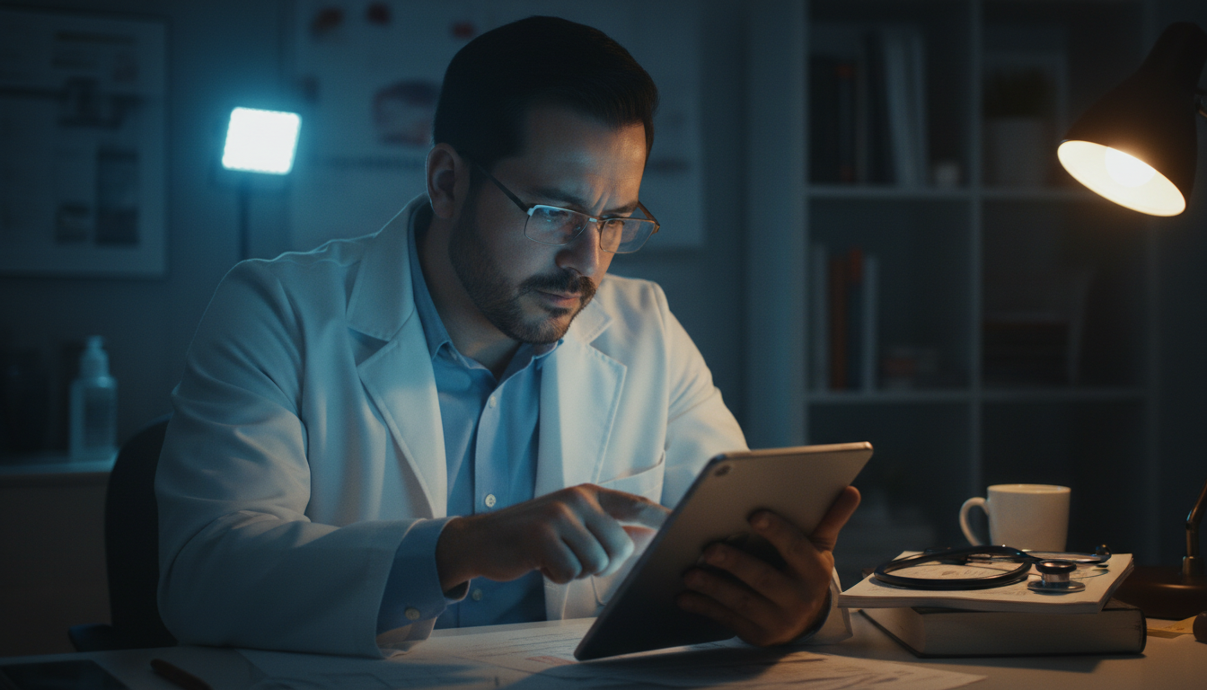 Dr Quezada ia en su escritorio sujetando un pc revisando exámenes