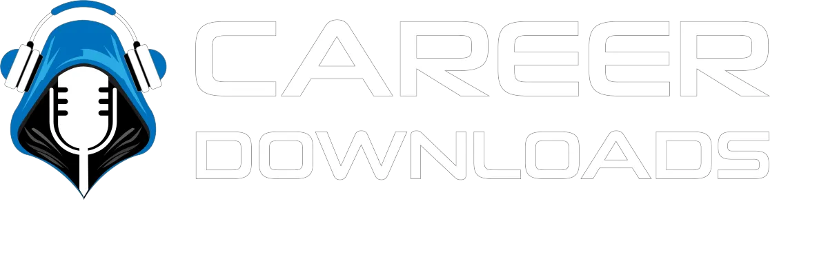 Career Downloads Logo a white microphone wearing a blue hoodie and white headphones with the registered trademark symbol