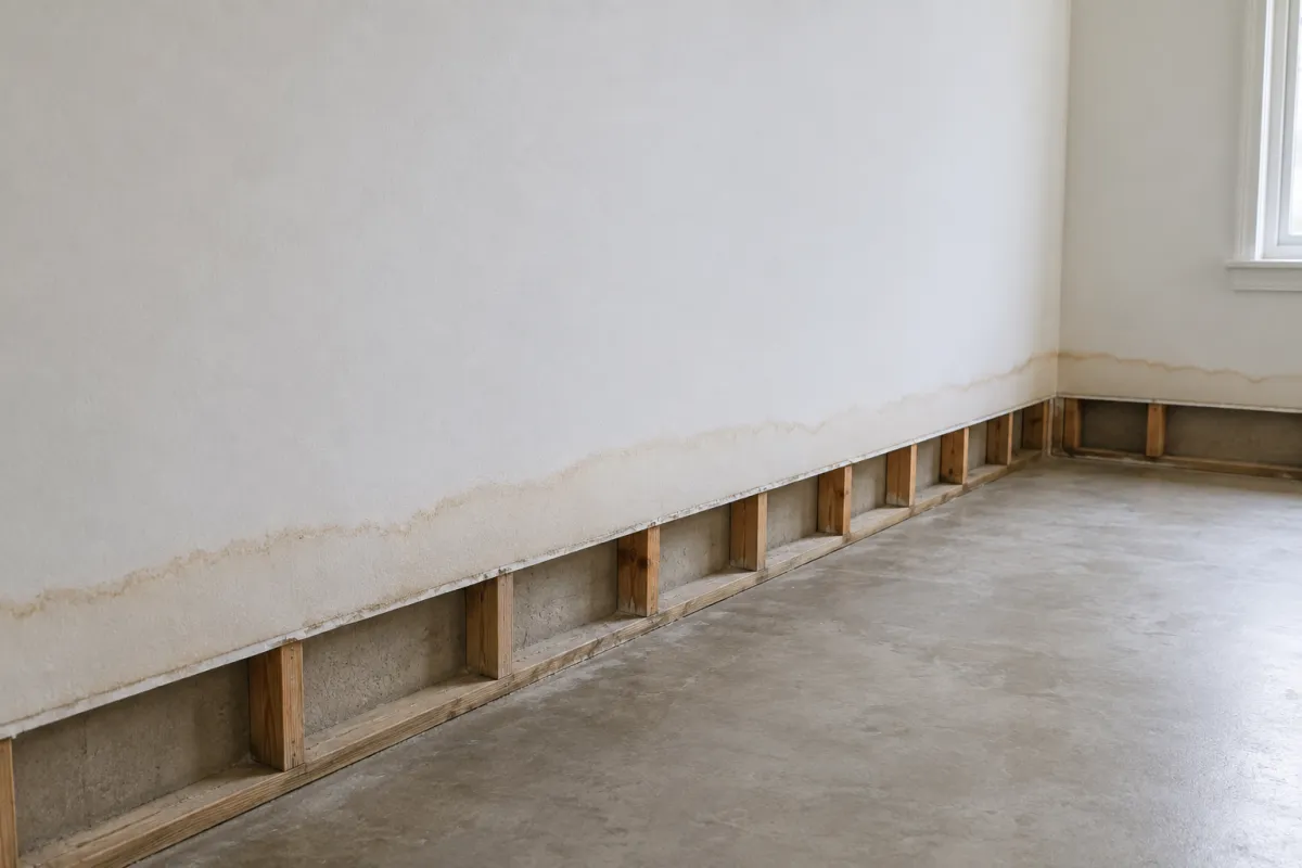 Water line on a wall and removed baseboard after flood damage