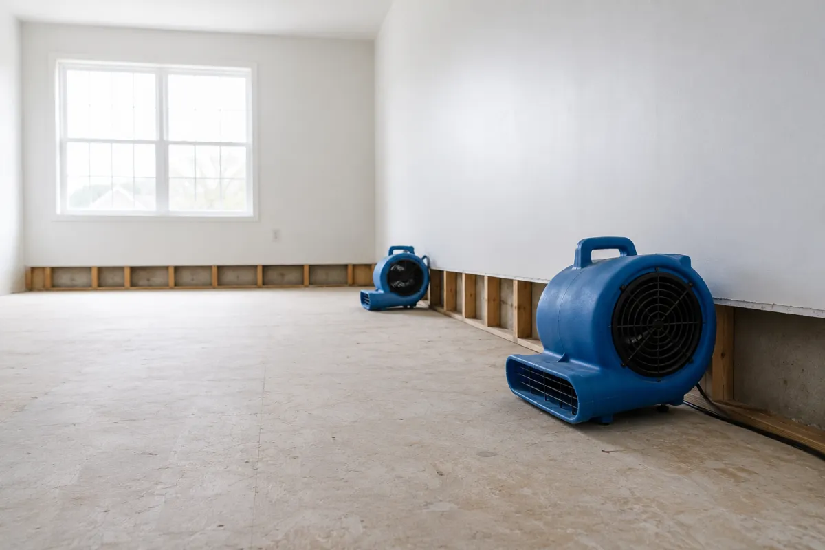 ir movers drying a wall cavity with baseboards removed