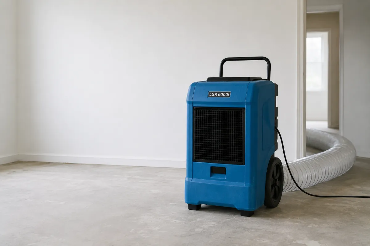Dehumidifier running in an empty room to remove moisture from the air