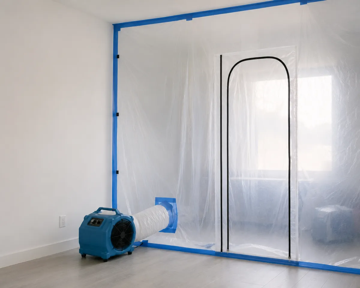 Sealed containment barrier and negative air machine set up for mold remediation