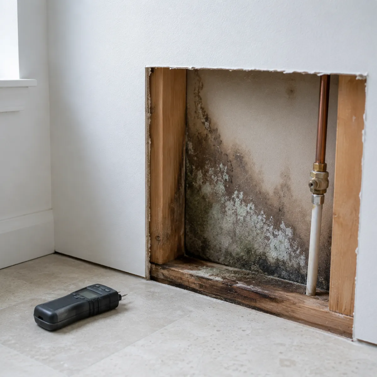 Ceiling stain and mold growth beneath a leaking air conditioning line