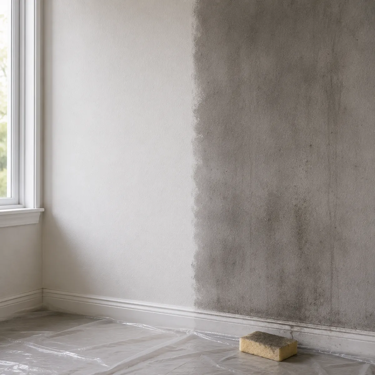 Wall partly cleaned of soot showing the difference between treated and untreated surface