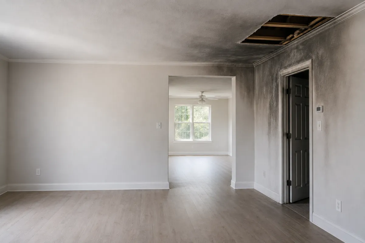 Open ceiling vent revealing ductwork treated for smoke odor