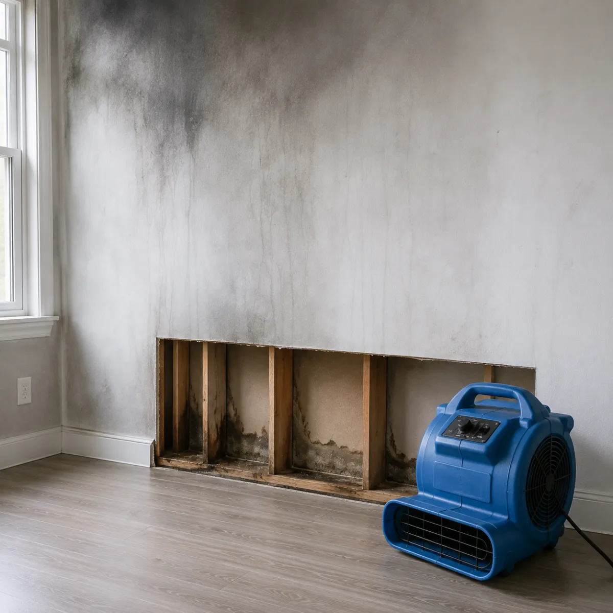 Drying equipment running in a fire damaged room with soot staining on the wall
