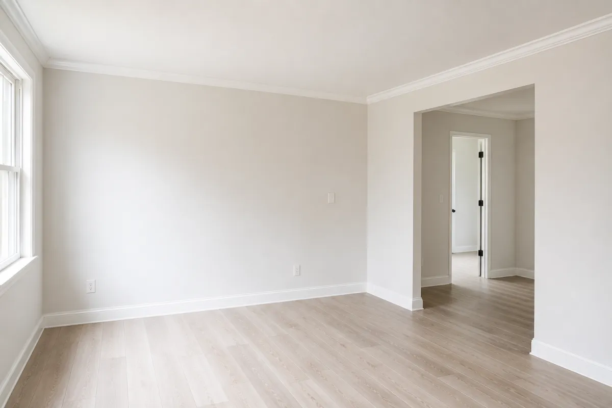 Finished room with new flooring and painted walls after restoration