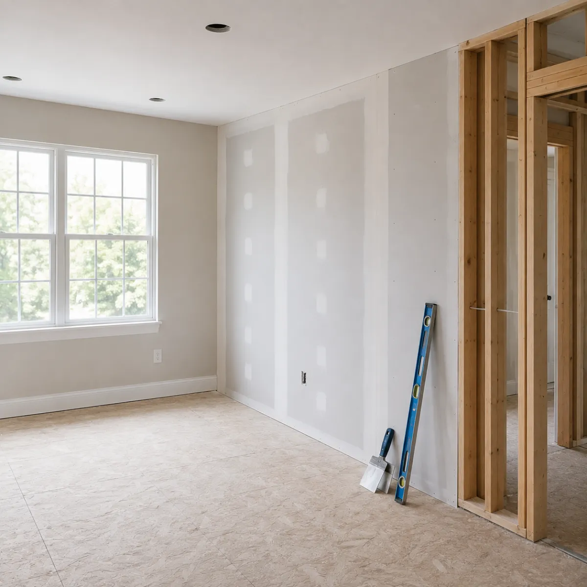 New drywall and framing installed during structural restoration