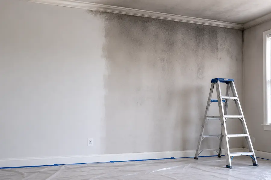 Ladder set up against a wall with soot staining after a fire