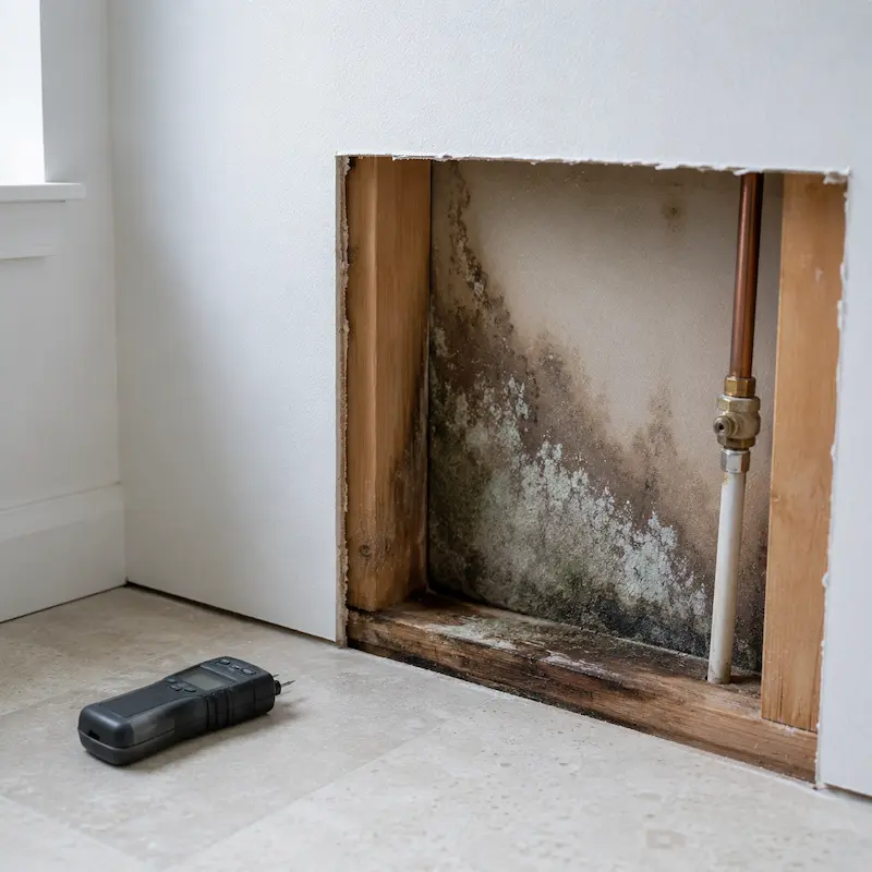Ceiling stain and mold growth beneath a leaking air conditioning line