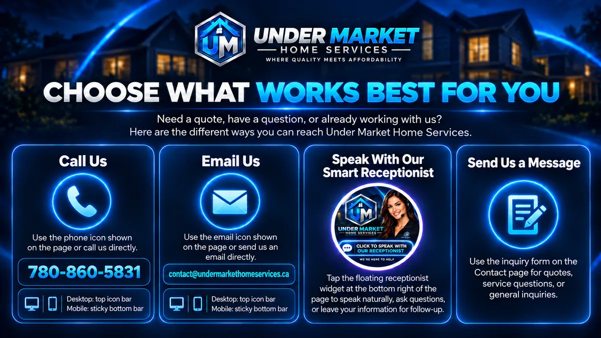 Ways to contact Under Market Home Services: call 780-860-5831, email, smart receptionist, or message form