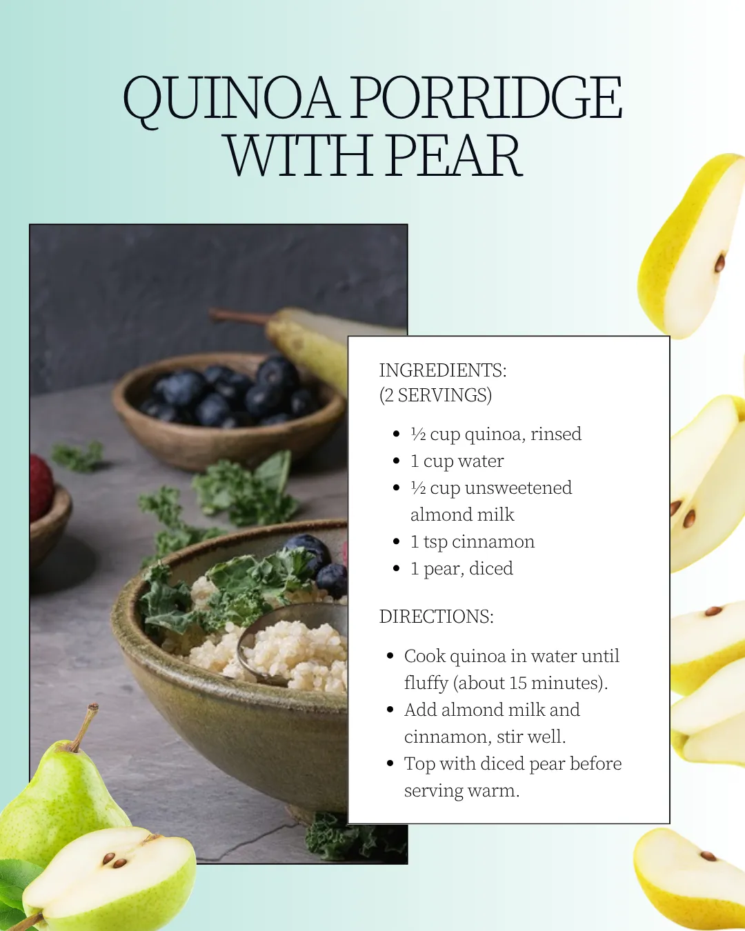Bowl of quinoa porridge with blueberries, kale, and pears.