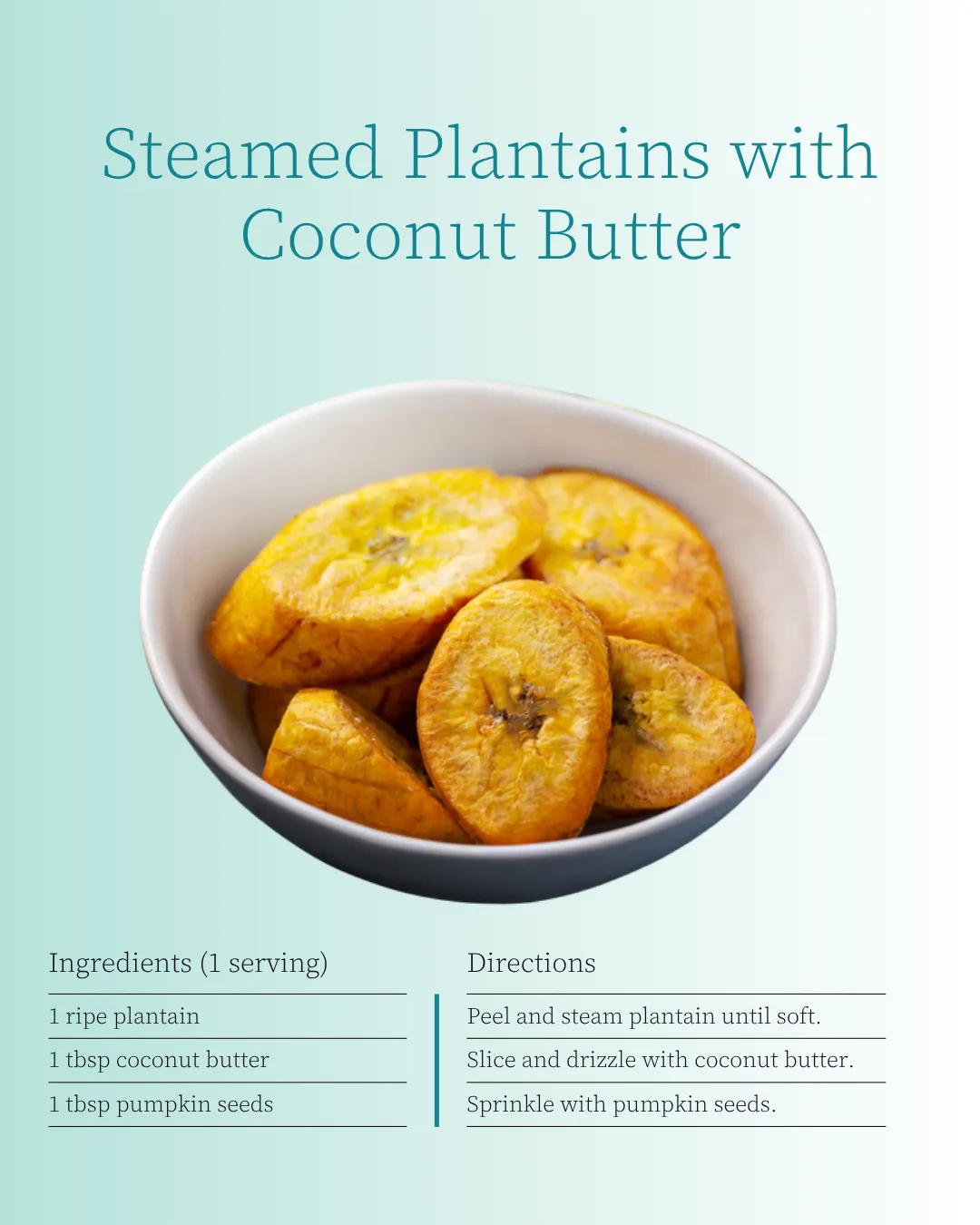 Bowl of steamed plantain slices drizzled with coconut butter and topped with pumpkin seeds.