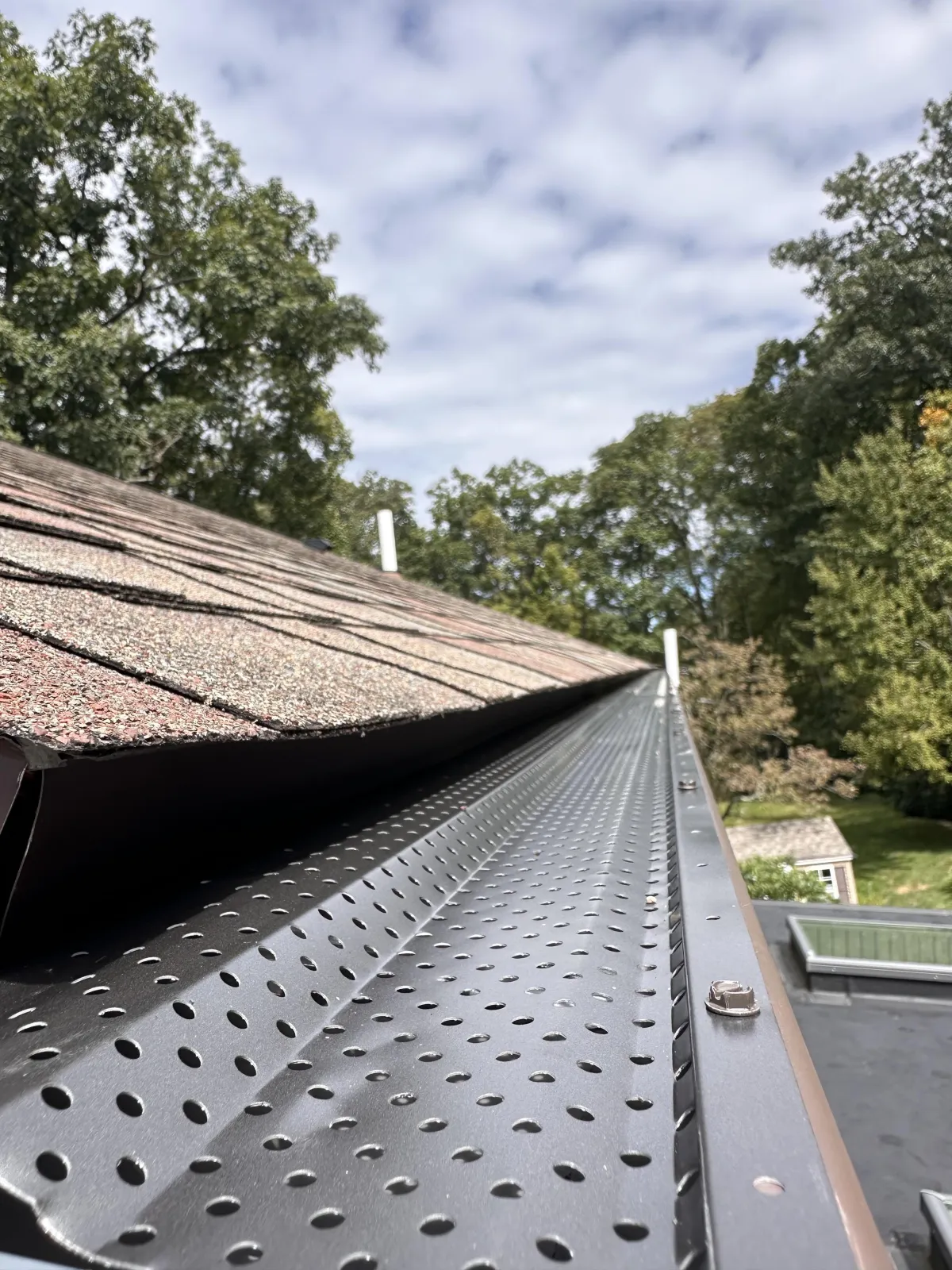 Black gutter guards professionally installed on seamless aluminum gutters
