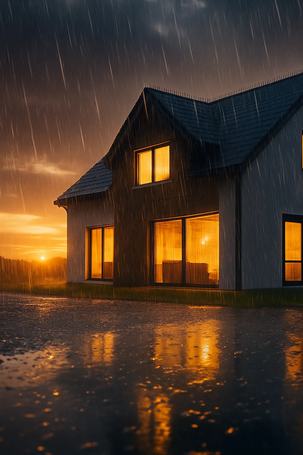 Pouring rain on house with new gutters at golden hour