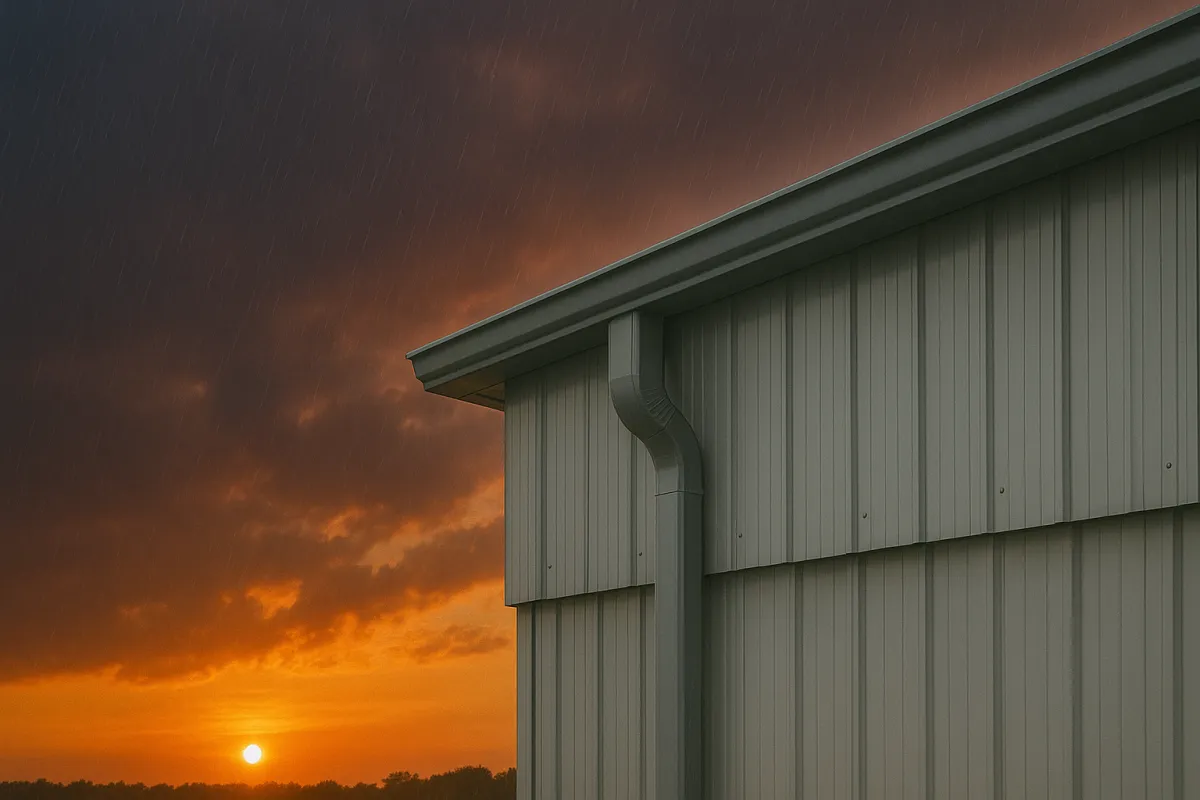 Heavy duty gutter system for commercial building featuring 4x5 downspouts