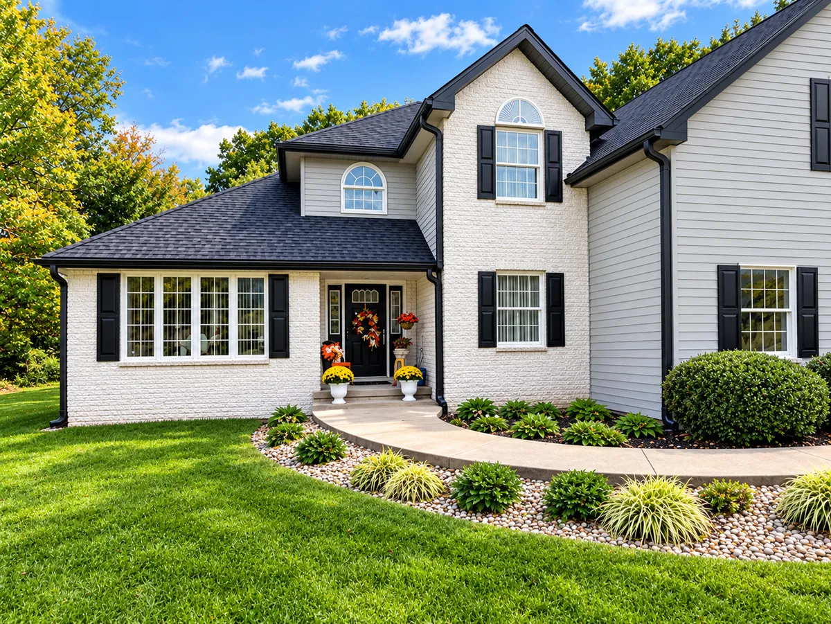 Beautiful house with modern seamless black new gutters installed