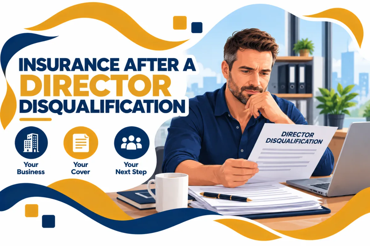 Business owner reviewing a director disqualification notice alongside commercial insurance paperwork at an office desk