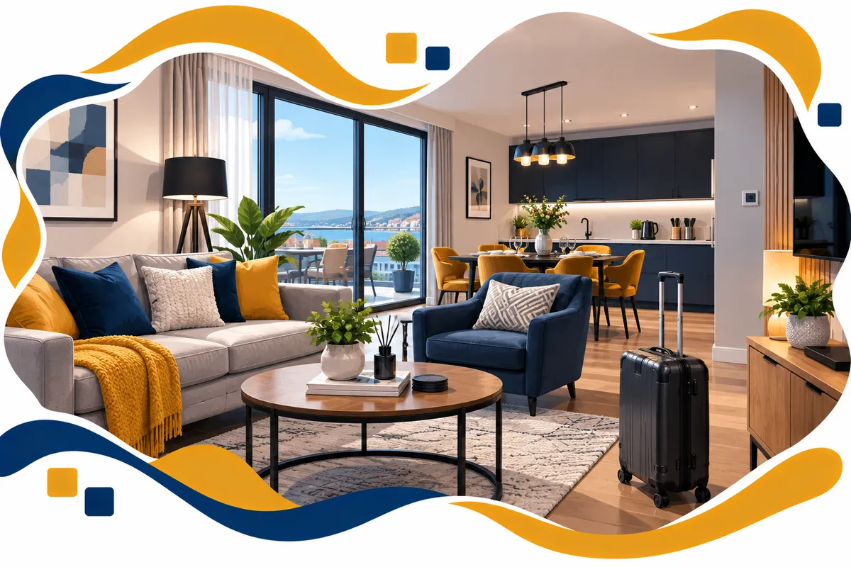 Furnished serviced apartment living room ready for short-stay guests, insured under a serviced accommodation policy