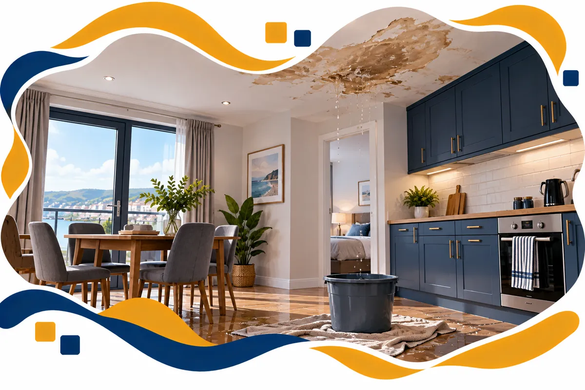 Water-damaged kitchen ceiling in a holiday let apartment awaiting repair after a short-let insurance claim