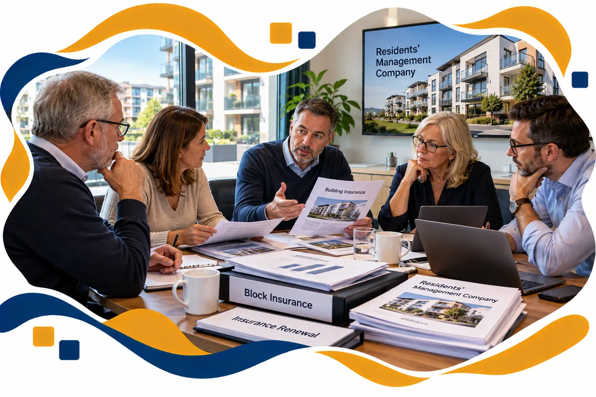 Residents' management company directors meeting around a table to review the insurance for their block of flats