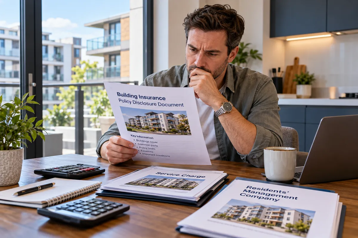 Leaseholder reading a building insurance disclosure document for their block of flats at a kitchen table