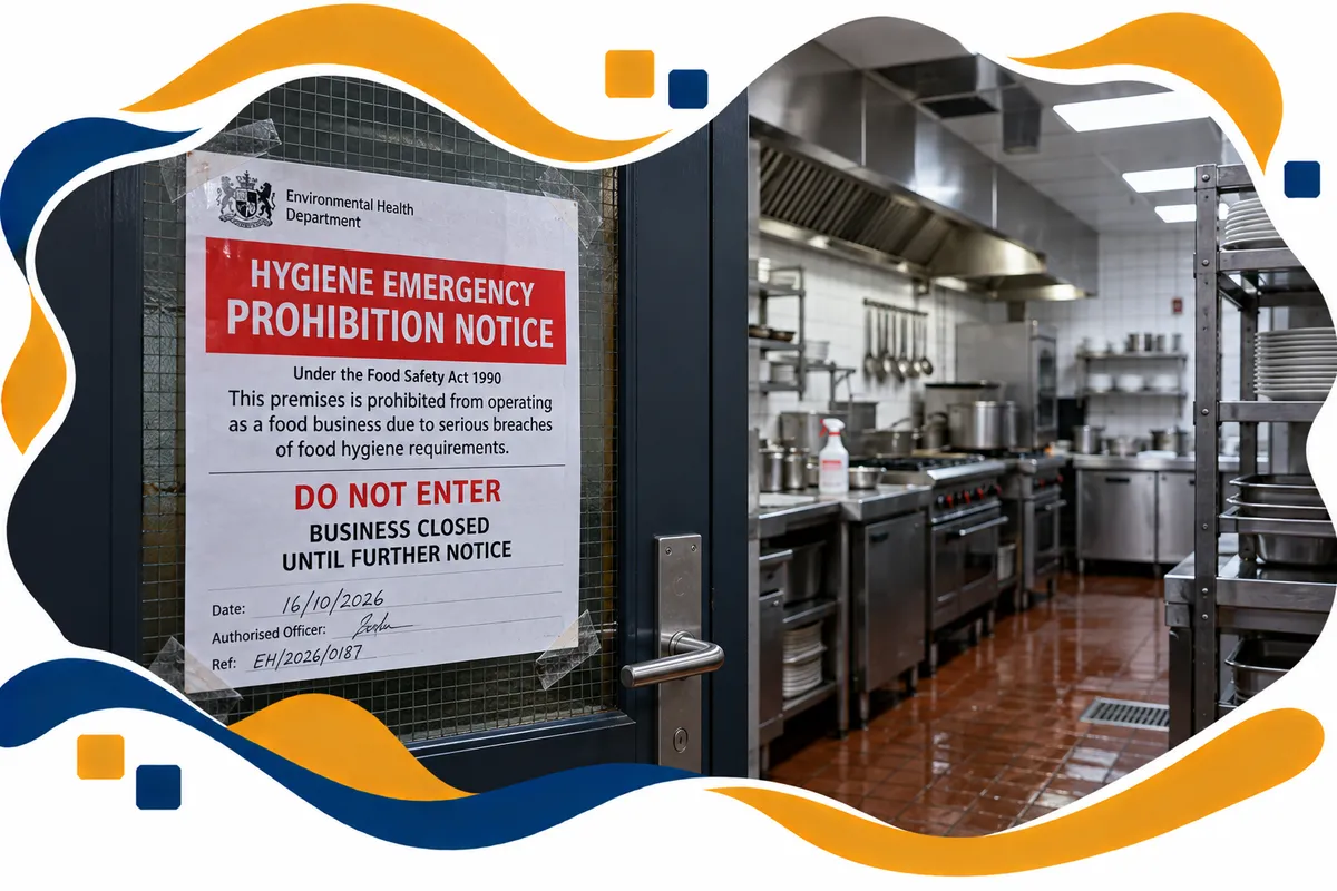 Closed restaurant kitchen with a hygiene emergency prohibition notice taped to the door