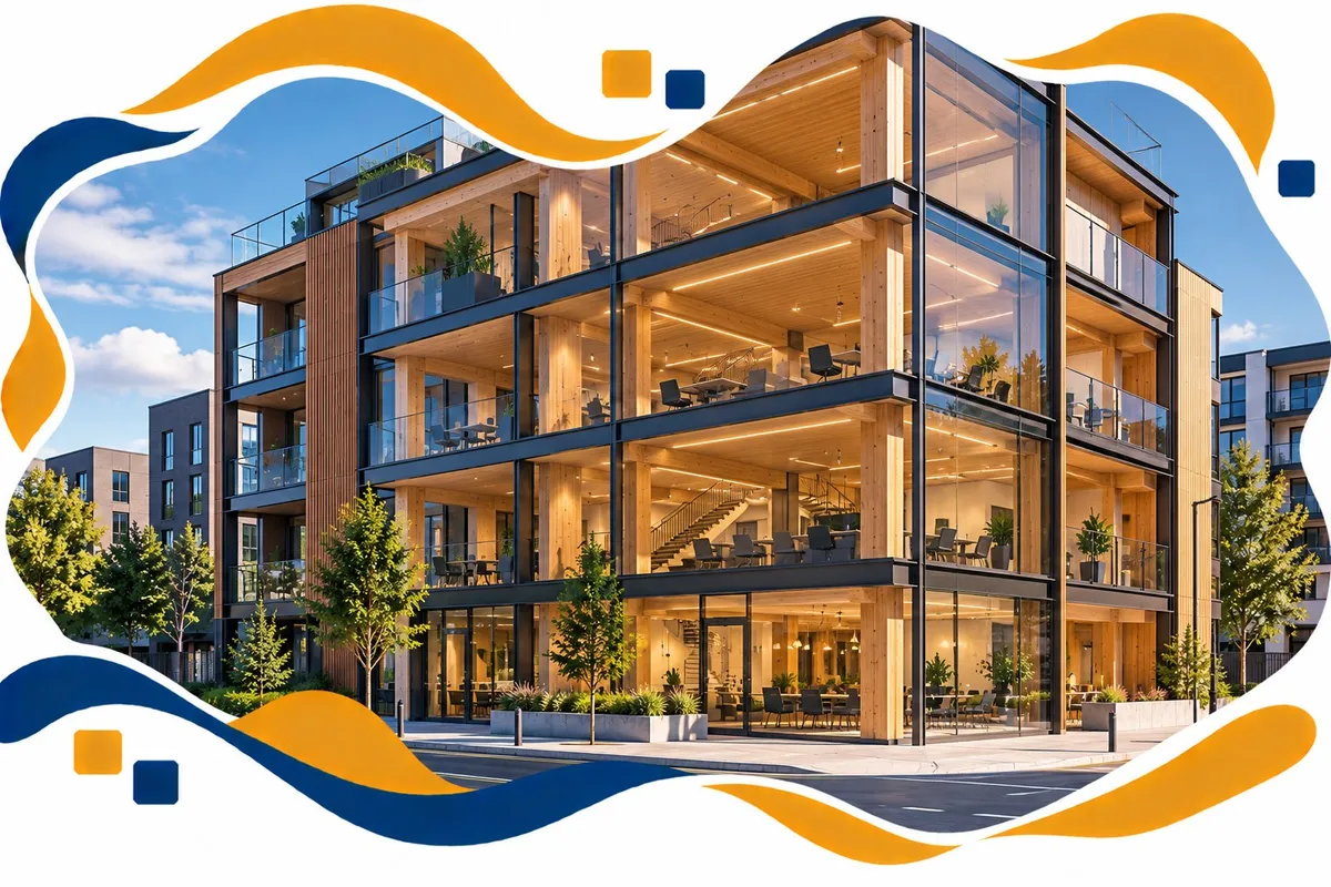 Multi-storey CLT mass timber building with exposed timber floors and glulam columns behind glass