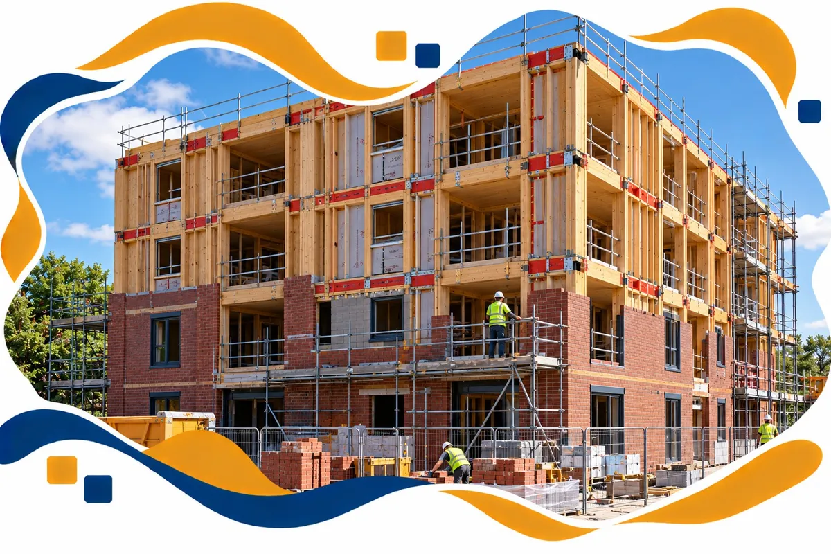 Timber-framed block of flats under construction with exposed timber frame above and brick outer skin below